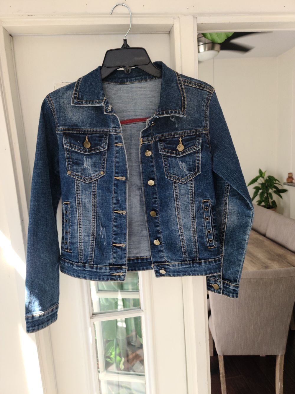 Earl Jeans Medium Blue Distressed Denim Jacket with Brass Accents